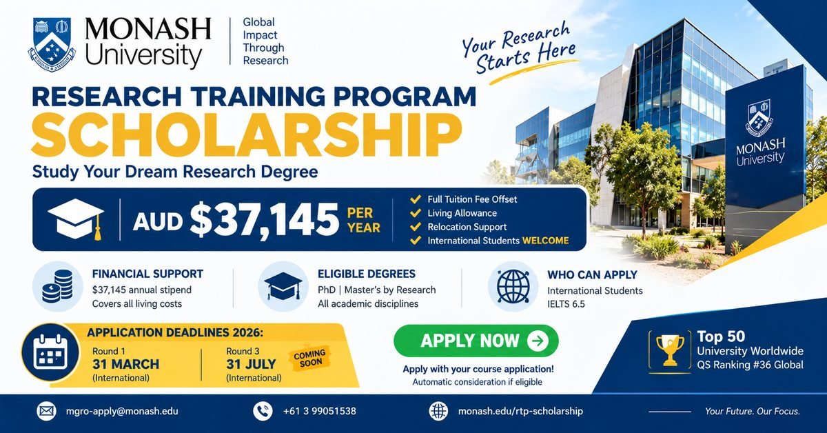 Monash University RTP Scholarship poster with the 2026 application deadlines