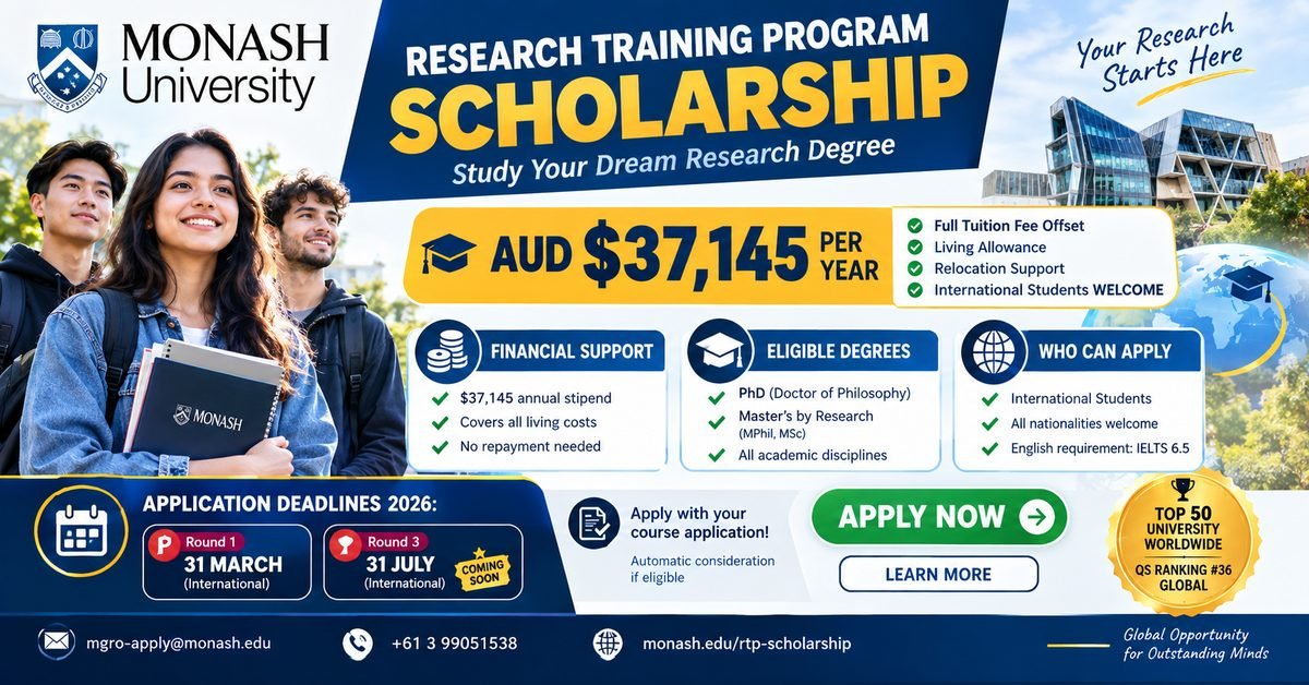 International students on the Monash University campus with the RTP Scholarship details