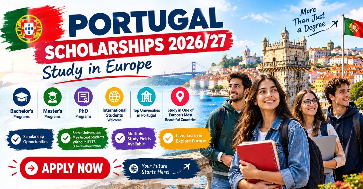 Portugal scholarships 2026/27 poster with an international student and the Belem Tower in Lisbon