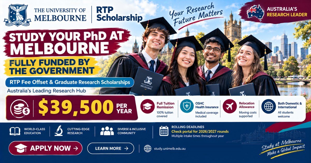 University of Melbourne RTP Scholarship 2026–27 poster