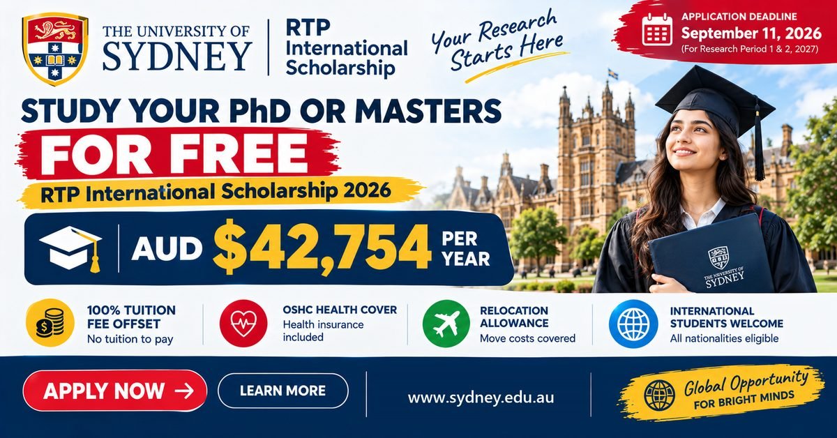 University of Sydney RTP International Scholarship poster with the 11 September 2026 application deadline