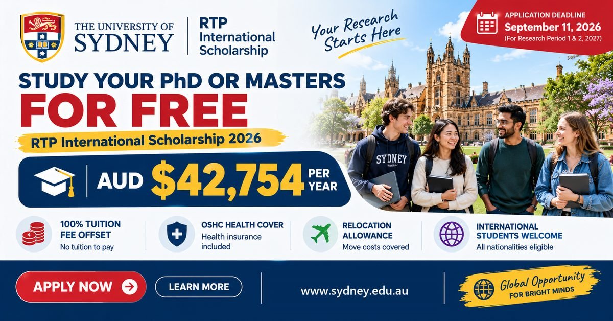 International students in front of the University of Sydney quadrangle with the RTP International Scholarship details