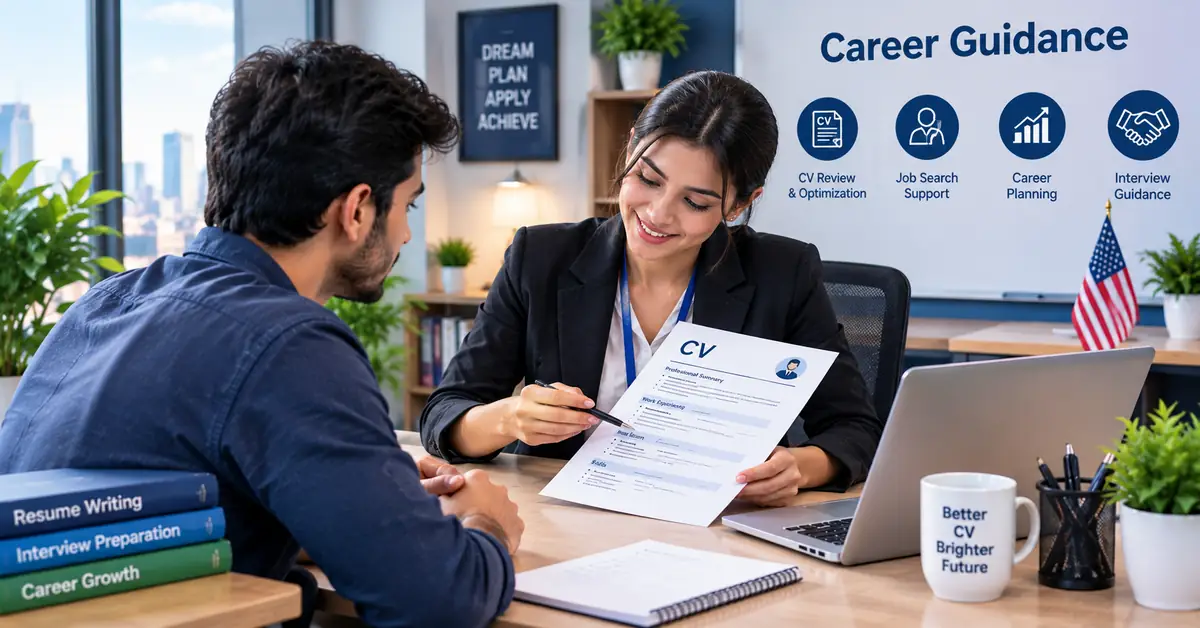 A careers adviser going through a job seeker's CV line by line to match it to the role being applied for