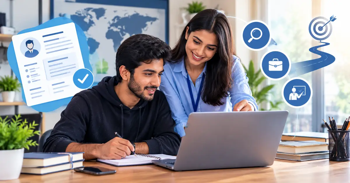 A job seeker browsing job listings on a laptop with a careers adviser, a world map on the wall behind them
